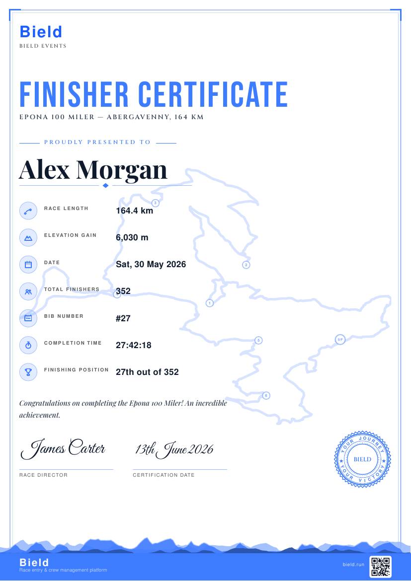 Bield finisher certificate for Alex Morgan, Epona 100 Miler